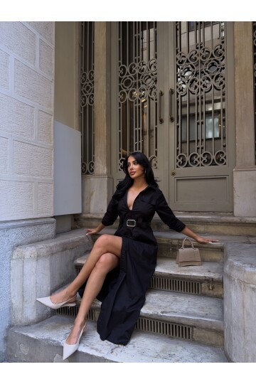 Çift Cep Detay Gömlek Elbise Siyah