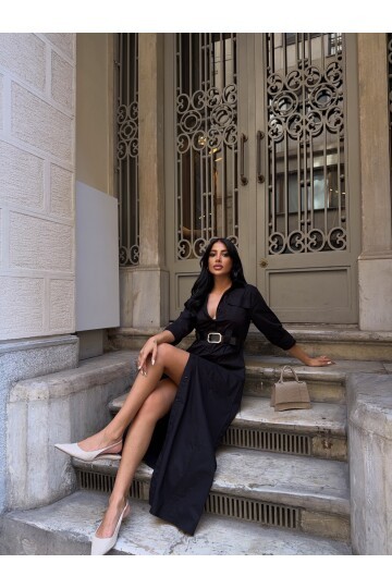 Çift Cep Detay Gömlek Elbise Siyah