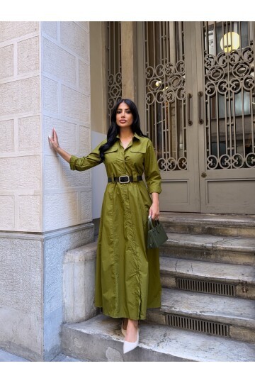 Çift Cep Detay Gömlek Elbise Yeşil