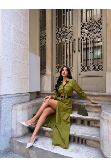 Çift Cep Detay Gömlek Elbise Yeşil