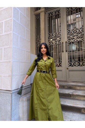 Çift Cep Detay Gömlek Elbise Yeşil