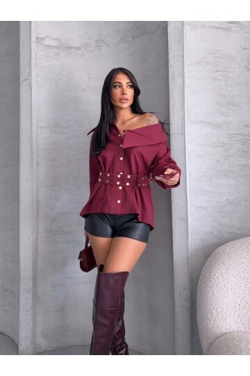 Çıtçıtlı Kemerli Bordo Gömlek