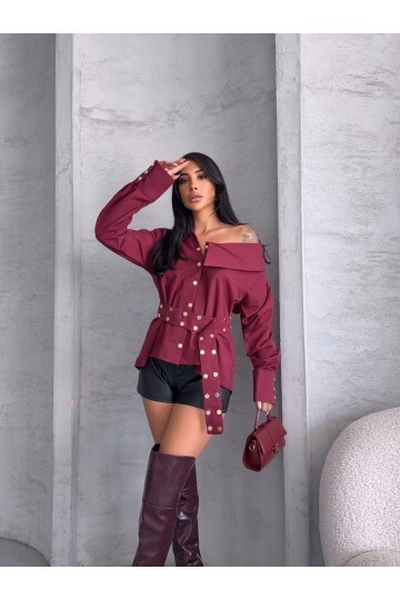 Çıtçıtlı Kemerli Bordo Gömlek