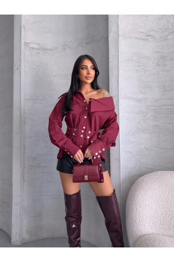 Çıtçıtlı Kemerli Bordo Gömlek