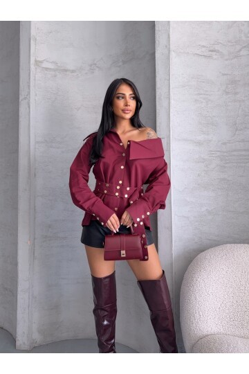 Çıtçıtlı Kemerli Bordo Gömlek