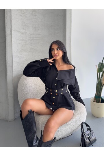 Çıtçıtlı Kemerli Siyah Gömlek