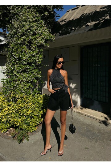 Çizgili Beli Kuşak Detaylı Halter Bluz