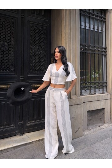 Çizgili Crop Pantalon Müslin Takım