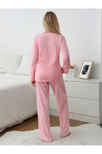 Çizgili Kalp Detay Uzun Kollu Pijama Takım