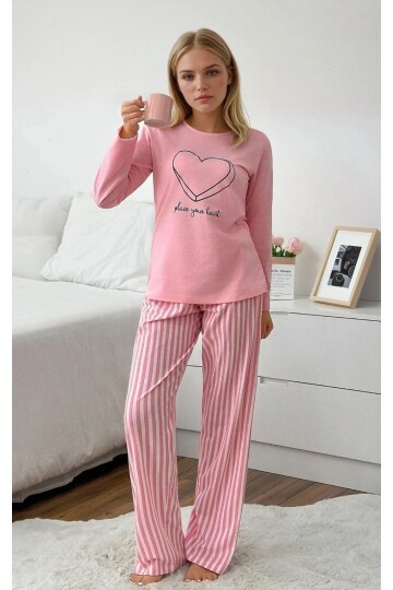 Çizgili Kalp Detay Uzun Kollu Pijama Takım