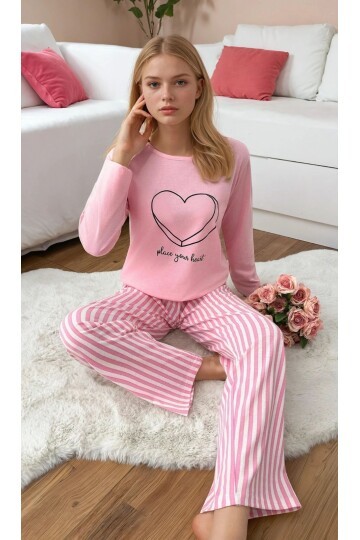Çizgili Kalp Detay Uzun Kollu Pijama Takım