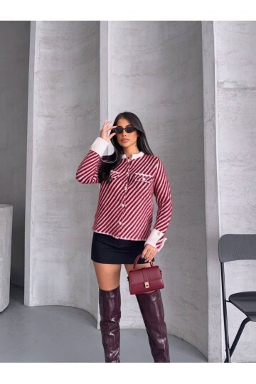 Çizgili Kol Detay Triko Ceket Hırka