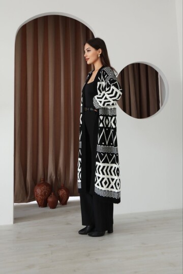 Desenli Saçaklı Uzun Boy Triko Hırka Siyah