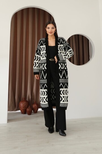 Desenli Saçaklı Uzun Boy Triko Hırka Siyah