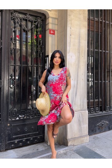 Desenli V Yaka Eteği Fırfırlı Viskon Elbise