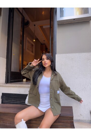 Design Arma Detay Gabardin Gömlek Haki