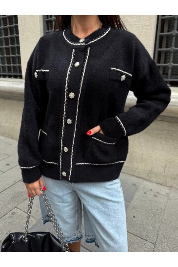 Düğme Ve Biye Detaylı Çift Cepli Triko Bluz Hırka