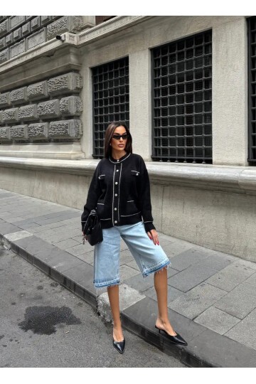 Düğme Ve Biye Detaylı Çift Cepli Triko Bluz Hırka