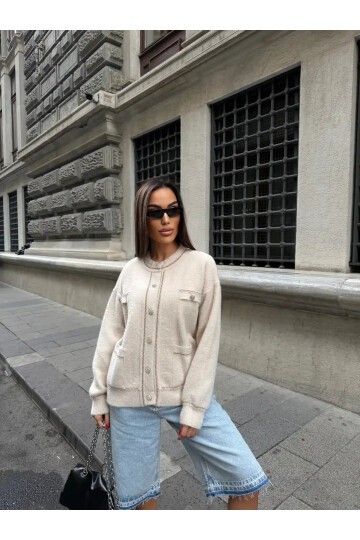 Düğme Ve Biye Detaylı Çift Cepli Triko Bluz Hırka