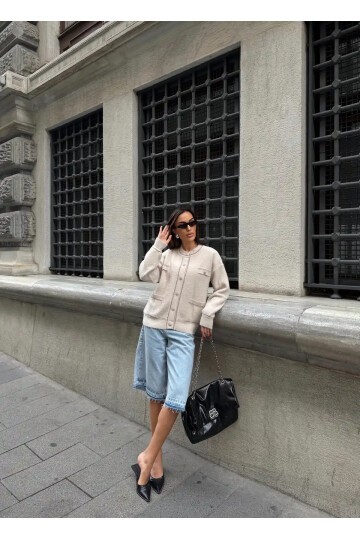 Düğme Ve Biye Detaylı Çift Cepli Triko Bluz Hırka