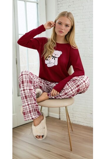 Ekose Desen Ayıcık Detay Uzun Kol Pijama Takımı