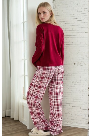 Ekose Desen Ayıcık Detay Uzun Kol Pijama Takımı