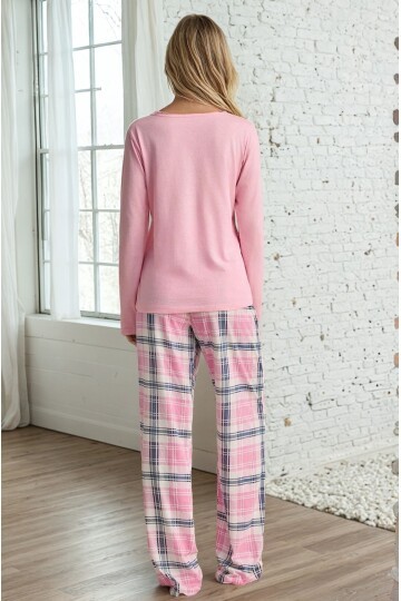 Ekose Desen Happy Baskılı Uzun Kol Pijama Takımı