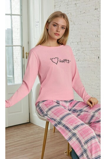 Ekose Desen Happy Baskılı Uzun Kol Pijama Takımı