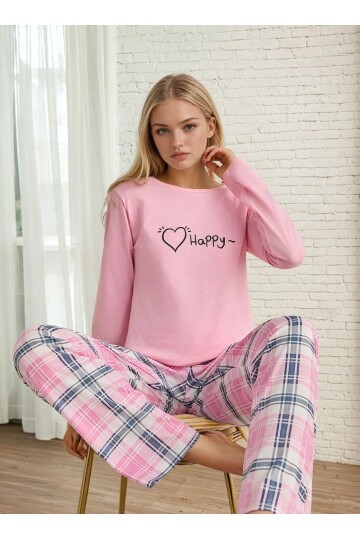 Ekose Desen Happy Baskılı Uzun Kol Pijama Takımı