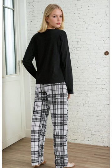 Ekose Desen Kalp Detay Uzun Kol Pijama Takımı