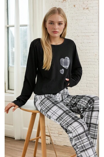 Ekose Desen Kalp Detay Uzun Kol Pijama Takımı