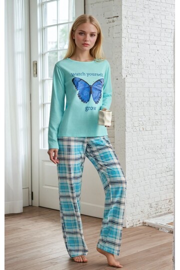 Ekose Desen Kelebek Baskılı Uzun Kol Pijama Takımı