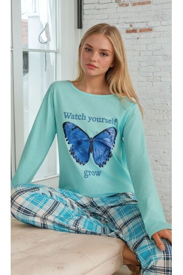 Ekose Desen Kelebek Baskılı Uzun Kol Pijama Takımı