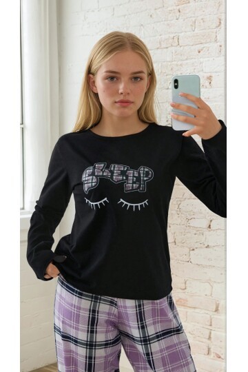 Ekose Desen Sleep Baskılı Uzun Kol Pijama Takımı