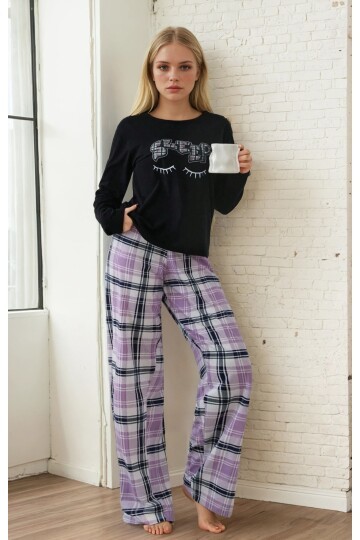 Ekose Desen Sleep Baskılı Uzun Kol Pijama Takımı