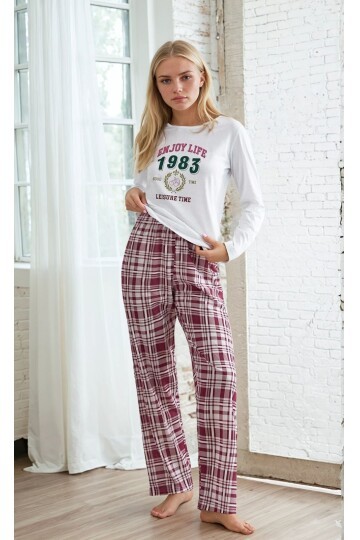 Ekose Desen Yazı Baskılı Uzun Kol Pijama Takımı