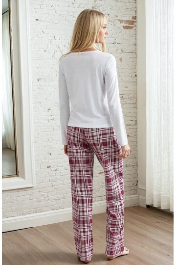 Ekose Desen Yazı Baskılı Uzun Kol Pijama Takımı