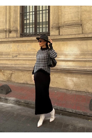 Ekose Desenli Kazak ve Elbise Triko Takım Siyah