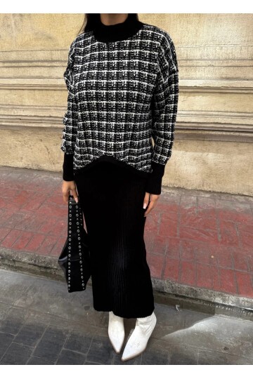 Ekose Desenli Kazak ve Elbise Triko Takım Siyah