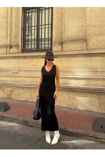 Ekose Desenli Kazak ve Elbise Triko Takım Siyah