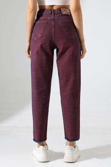 Eski Efektli Şık Bordo Mom Fit Jean