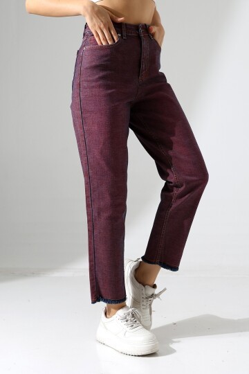 Eski Efektli Şık Bordo Mom Fit Jean