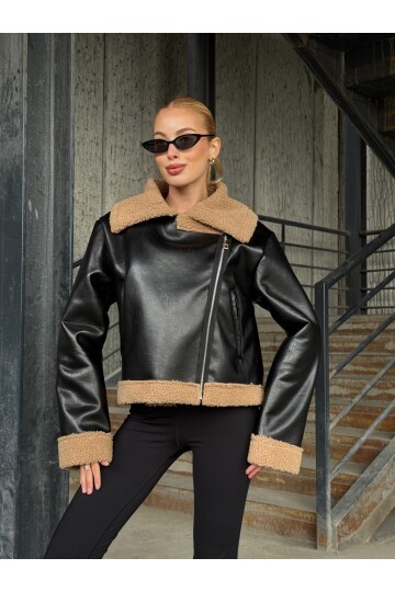 Fermuar Detaylı İçi Kürklü Suni Deri Ceket Siyah Kahve