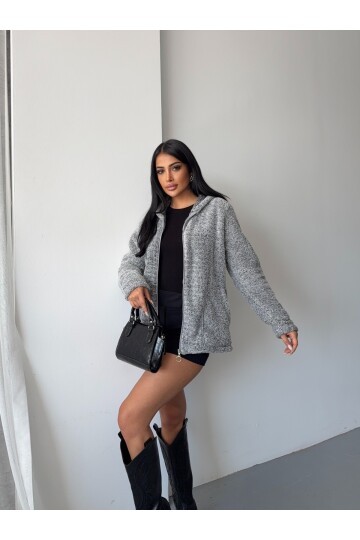 Fermuarlı Kapşonlu Gri Polar Sweatshirt