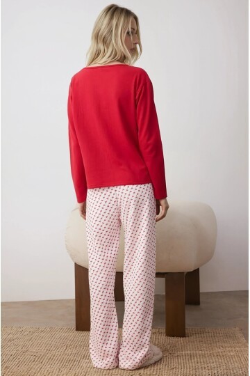 First I Need Coffee Baskılı Kalpli Pijama Takım