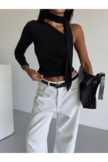 Fular Detaylı Tek Kol Bluz Siyah