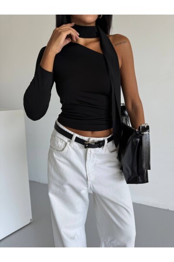 Fular Detaylı Tek Kol Bluz Siyah