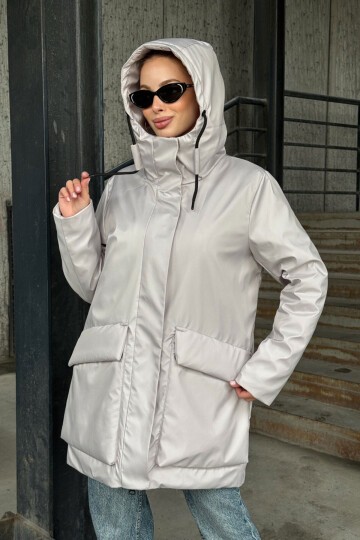 Geniş Cepli Kapüşonlu Uzun Mont