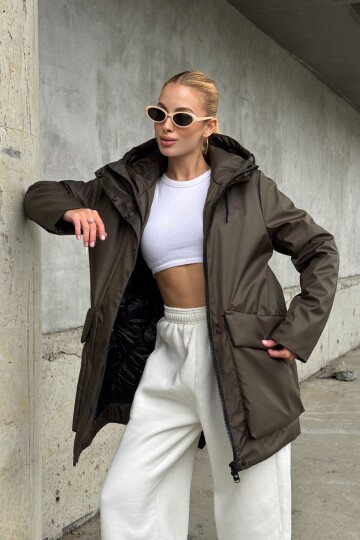 Geniş Cepli Kapüşonlu Uzun Mont Kahve