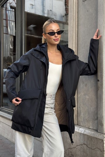 Geniş Cepli Kapüşonlu Uzun Mont Siyah